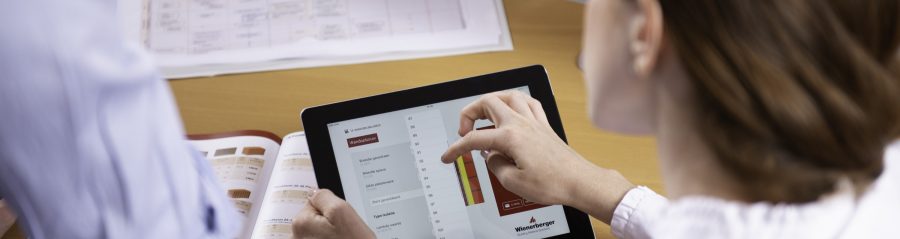 Woman at workplace holding tablet computer sitting next to standing man
